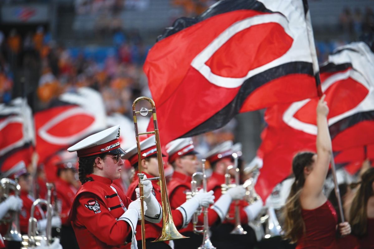 NC State's marching band, The Power Sound of the South, takes the field before the Wolfpack's game against the Tennessee Volunteers in Bank of America Stadium for the Duke's Mayo Classic on Saturday, Sept. 8, 2024.  The Wolfpack lost to the Volunteers 51-10.