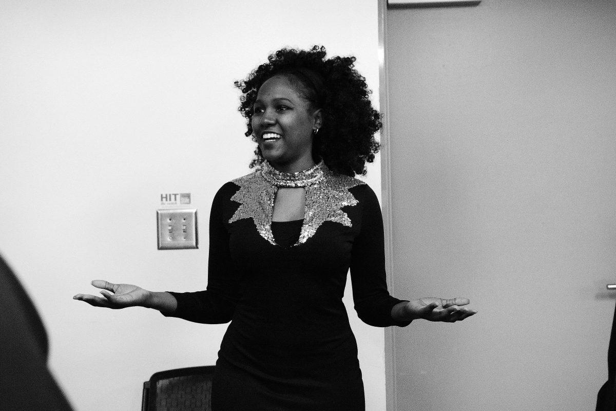 Carolei Bryan, a Senior studying Human Biology, is dressed up as Shaka Khan a singer and member of the Black Panthers. Bryan helped out in Witherspoon on Feb. 20th, 2016 for the 9th Annual Blacks in Wax exibition.