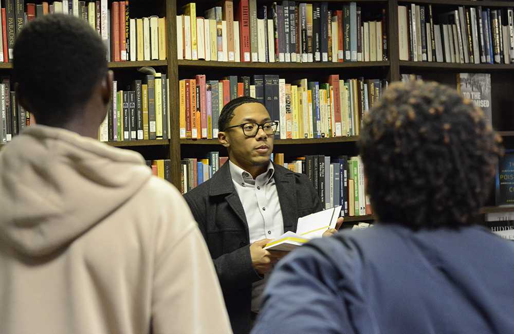 Marlon Kinnard, a second-year studying accounting, plays Edward Alexander Bouchet at Blacks in Wax in Witherspoon Student Center on Saturday, Feb. 23, 2019. He said, "It is good to help educate people and those who find black history interesting. I just want to make their experience better". (Jordan Sharber/Nubian Message)