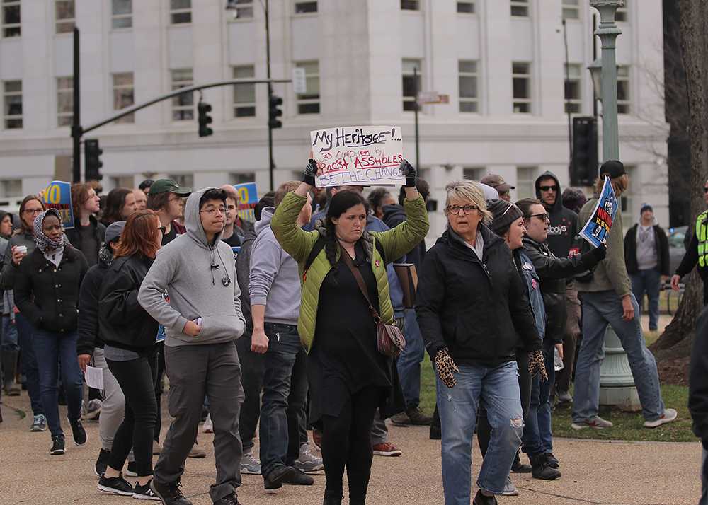 Protesters march towards the confederate monument at the Crush Confederates at the Capital event on Saturday, Feb. 9 at the North Carolina State Capitol in Raleigh. (Aditya Penumarti/Nubian Message)