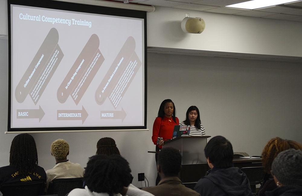 Shelsey Hall, a fourth-year studying philosophy and political science, and Sam Chan, a third-year studying political science and business administration, lead the Racial Climate Town Hall on Wednesday, March 6 at Witherspoon Student Center. Student Government hosted the event and informed attendees of plans to implement proactive strategies, like cultural competency training, to prevent harmful racial incidents. (Swathi Karthik/Nubian Message)