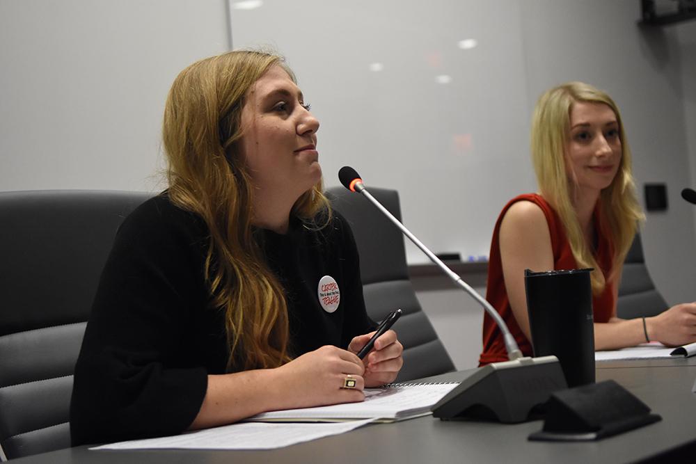 Student body president candidate Emma Carter, a third-year studying sociology and international studies, talks at the student government election debate on Thursday, Feb. 28, 2019, in the Senate Chambers in Talley Student Union. (Sindy Huang/Nubian Message)