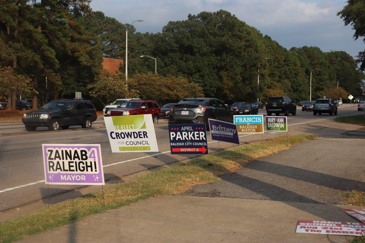 Campaign signs on Western Boulevard advertise mayoral and city council positions.