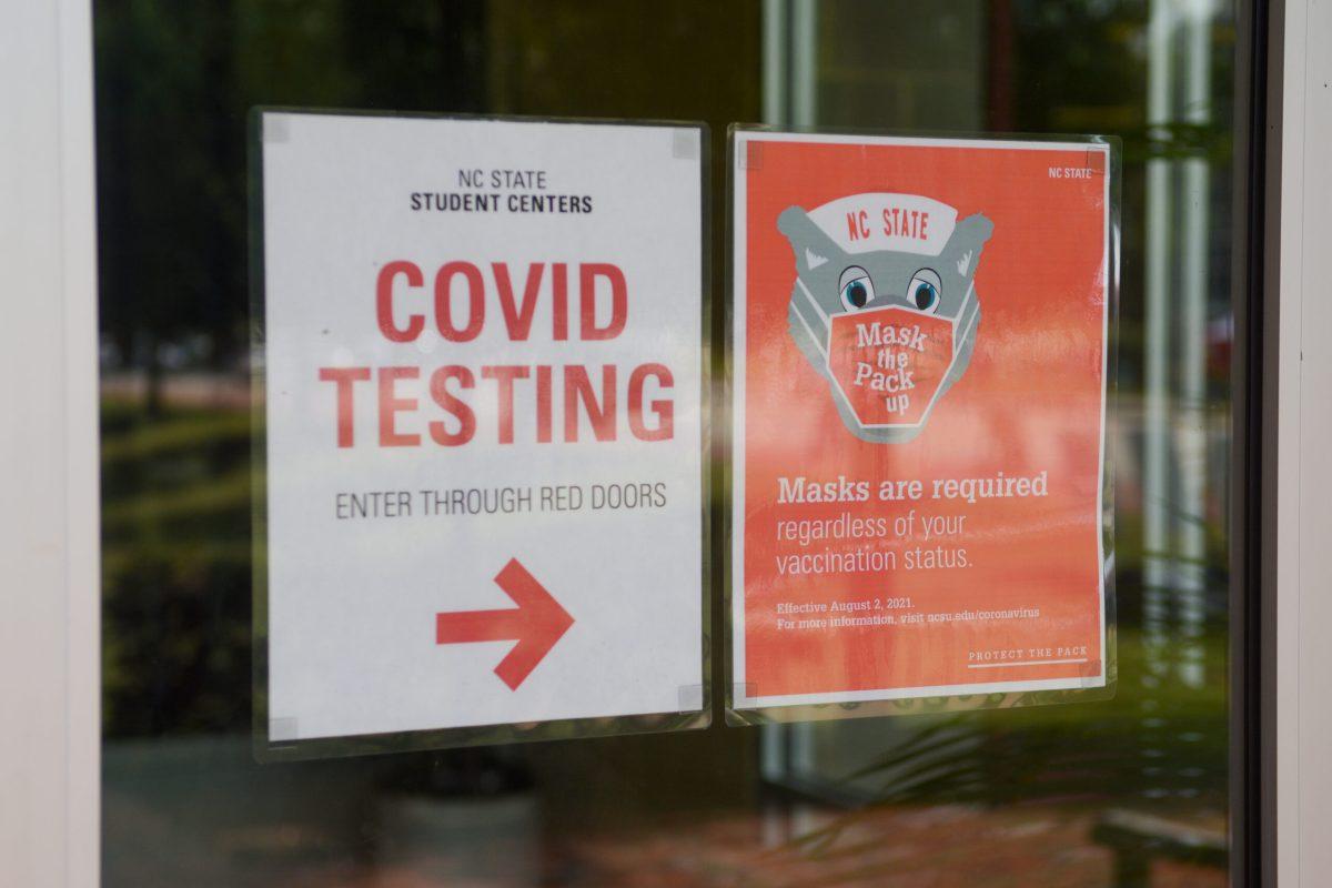 COVID signs direct students during COVID-19 testing Sept. 15 in Witherspoon Student Center. Testing locations are available on campus for students and staff.