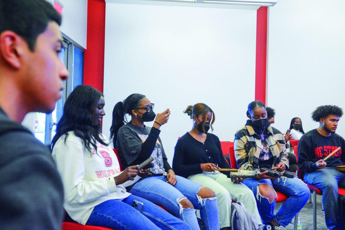 Students play the cowbells during the Music Fo' Your Soul event for Pan-Afrikan Week on Monday, April 4, 2022 at Talley Student Union. Students performed songs originating from western Africa.