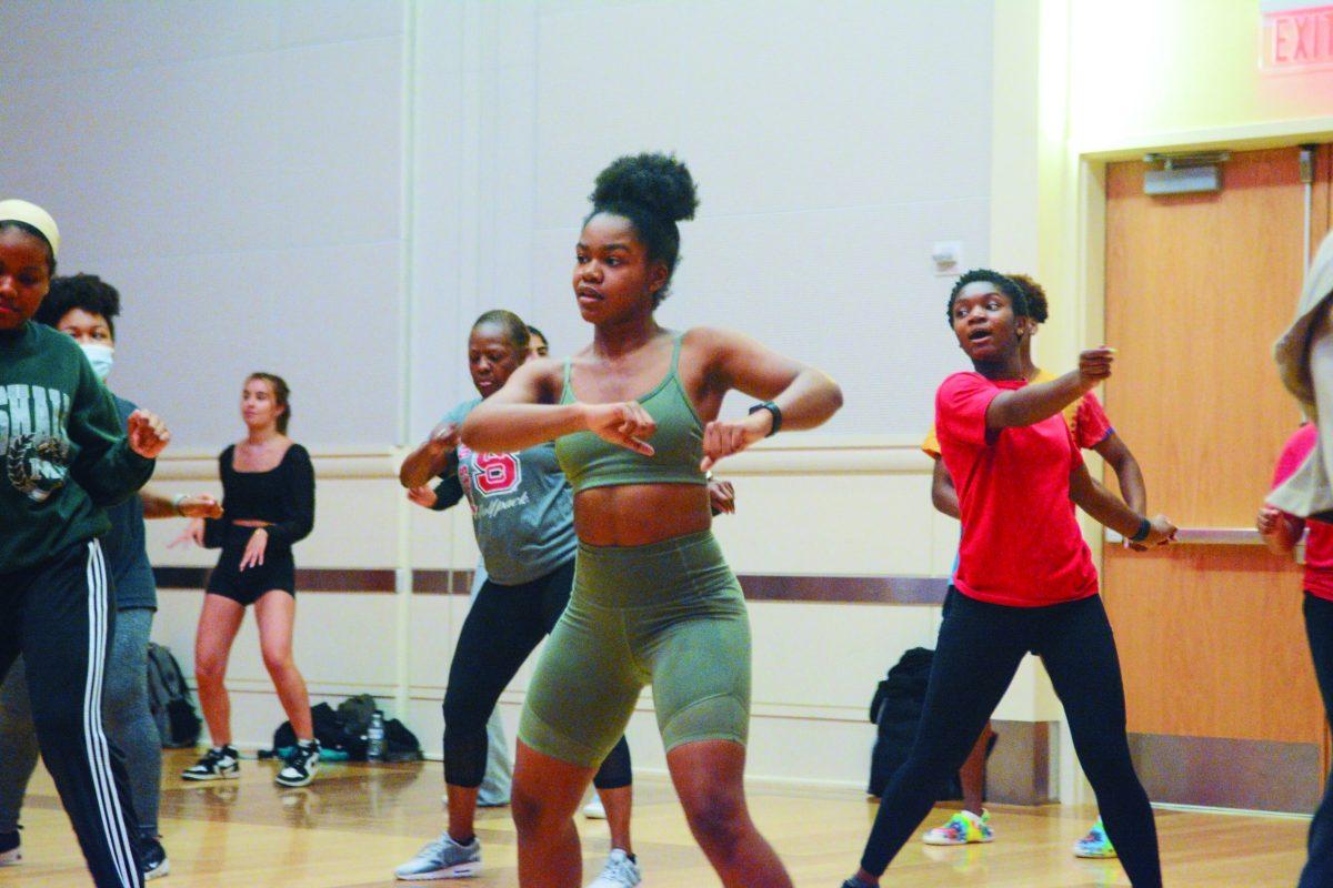 Students move to the music during the Soul and Salsa event for Pan-Afrikan Week on Tuesday, April 5, 2022 at Talley Student Union. Soul and Salsa was lead by Zumba instructor Jordan Farrell.