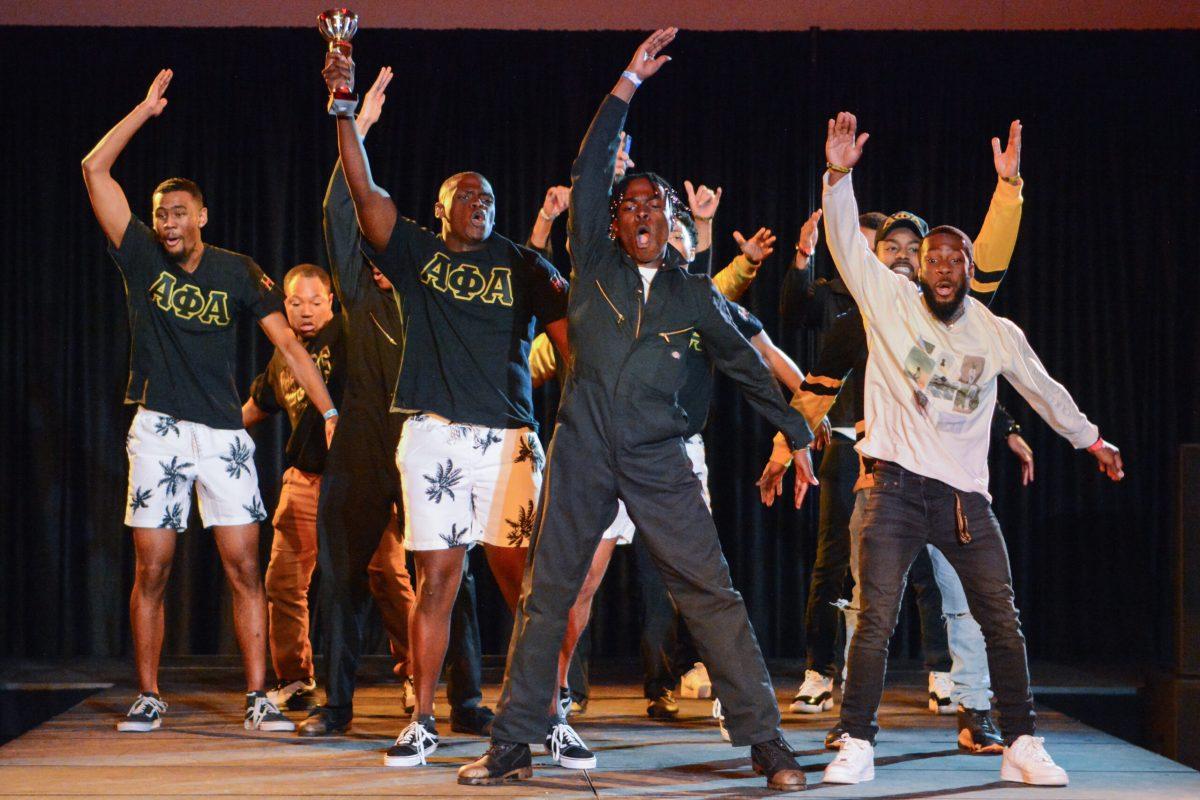 Members of the Alpha Phi Alpha fraternity pose during their routine during the third-round of the Pan-Afrikan Stroll-Off on Friday, April 8, 2022 inside Talley Student Union. The Alpha Phi Alpha fraternity won in their category.