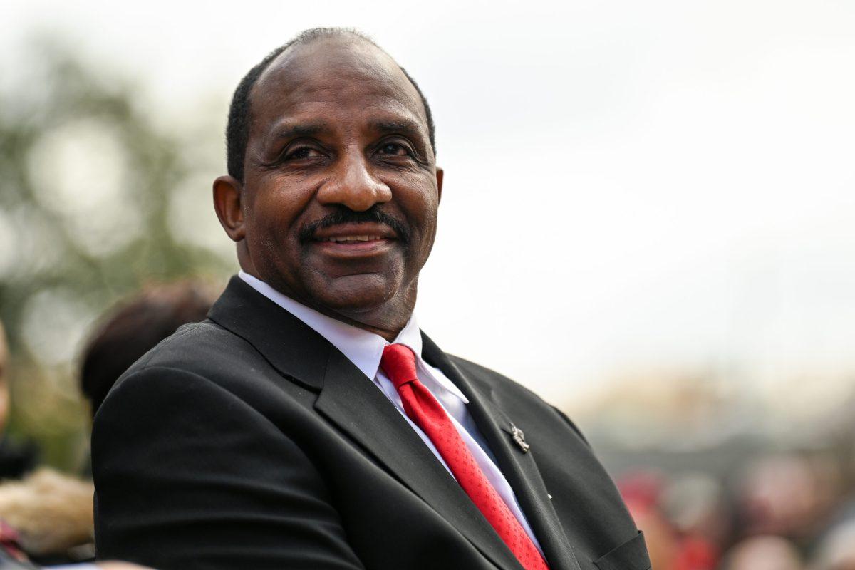 David Thompson, NC State forward from 1972-75, smiles during the statue unveiling event outside of Reynolds Coliseum Dec. 6. Thompson is the first student athlete to have a statue on campus. Thompson is a three time ACC Player of the Year and was the Most Outstanding Player in the NCAA Championship game in 1974.