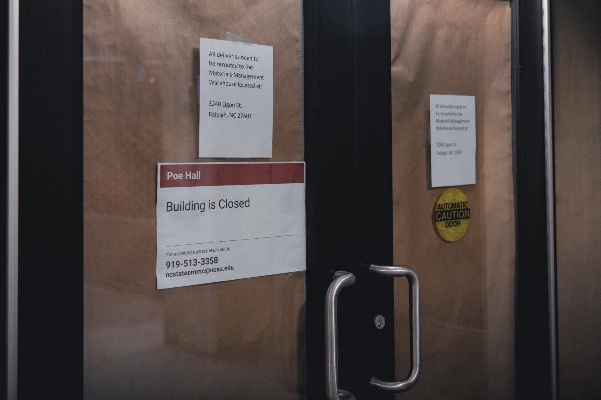 Doors are locked and covered as the closure continues at Poe Hall on Wednesday, Jan. 24, 2024. Poe Hall was closed in November 2023 due to the presence of environmental contaminants (PCBs).