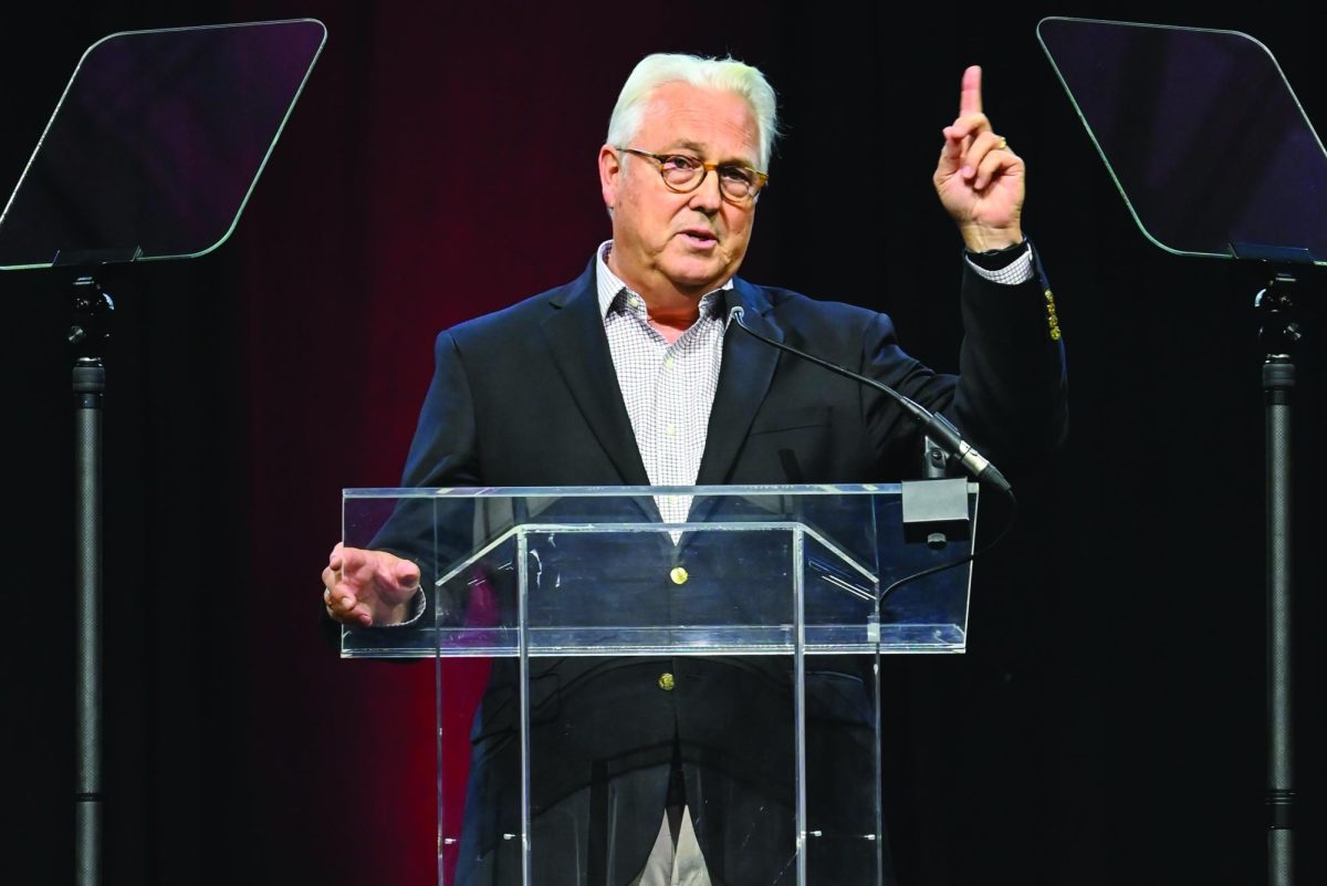 Chancellor Randy Woodson gives a passionate speech at New Student Convocation at Reynolds Coliseum Aug. 18. This event featured remarks from Chancellor Randy Woodson, which marks his last year at this event before retirement.