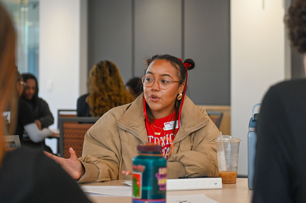 Senior political science major Ava Butler shares her college experience to her peer mentor group during the Multicultural Symposium in the Witherspoon Center on Saturday, Jan. 25, 2025. The symposium included new students, students that were admitted in the fall, and transfer students.