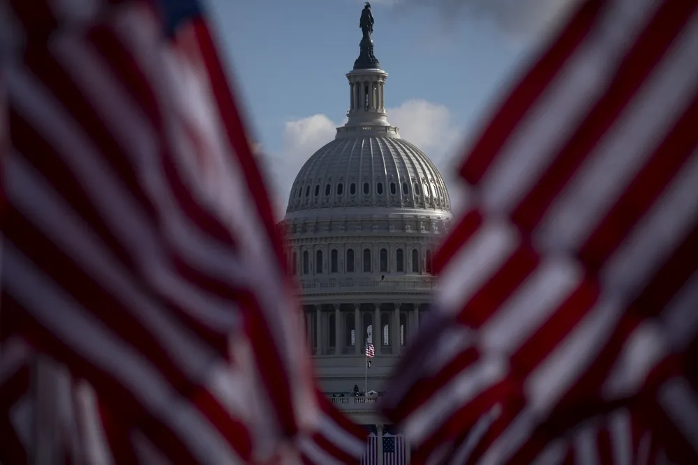 Image of American flags covering the Capital Building from Creative Commons