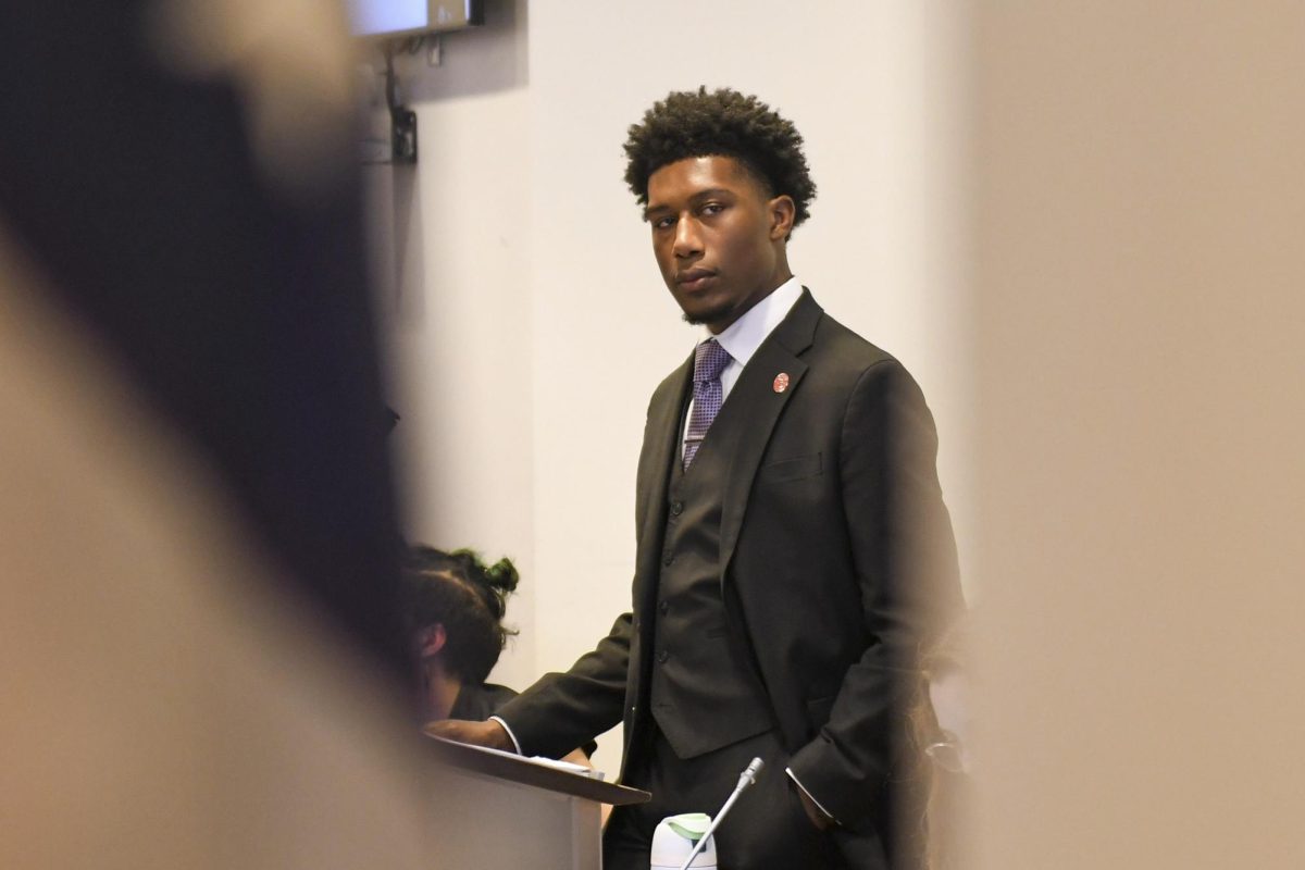 Taquan Dewberry, a second-year studying computer science and philosophy, moderates discussion during the student senate meeting at Talley Student Union on Wednesday, Feb. 5th, 2025.