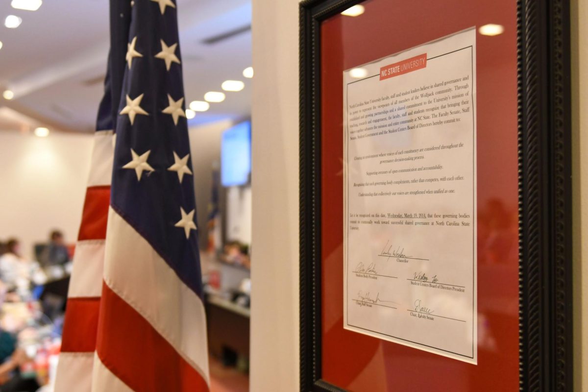 A plaque in the Student Government room on the 4th floor of Talley Student Union on Wednesday, Feb. 5th, 2025. The plaque conmemorates the continued support between NC State and the Student Government body. 