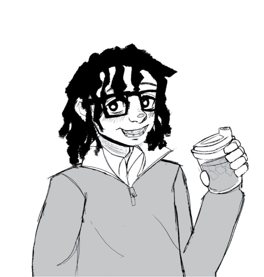 Man in quarter-zip drinking matcha.