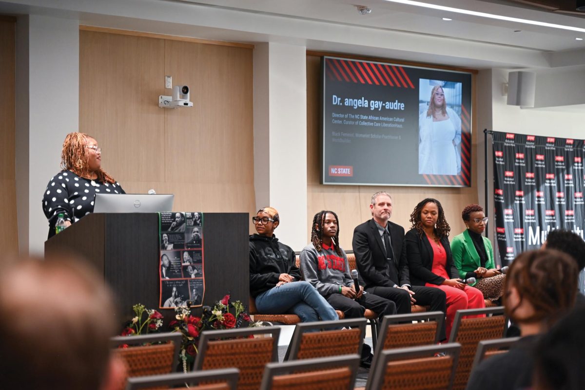 MLK commemoration keynote panel and moderator. From left to right: Dr. angela gay-audre, Coen J Jones, Caiden Smallwood, Dr. Jason Miller, Dr. Jemilia Davis, and Dr. Courtney Hinton.