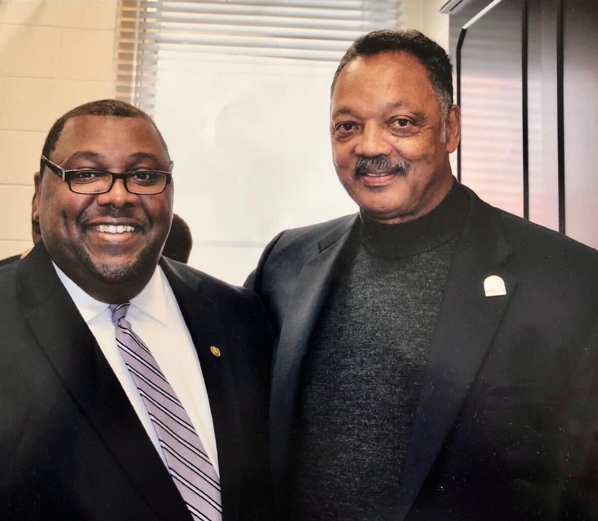 Jesse Jackson poses with NCCU archivist Andre Vann during his visit to a Get Out the Vote Rally on NCCU's campus in 2012. Photo courtesy of NCCU's archives.