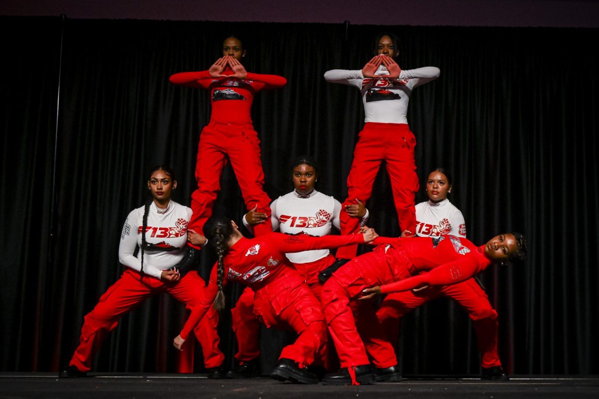 Members of the Mu Omicron Chapter of Delta Sigma Theta Sorority, Inc. perform a stunt together during the Greek step show at the Talley State Ballroom on Friday, April 17, 2026