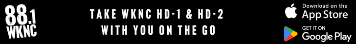 Promotional banner for WKNC 88.1 with download icons for the App Store and Google Play.