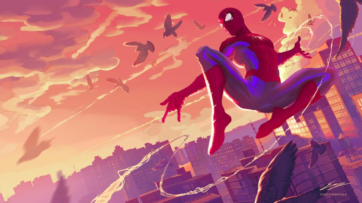 Spider-Man swinging over a skyline during sunset by PkBlitz on DeviantArt