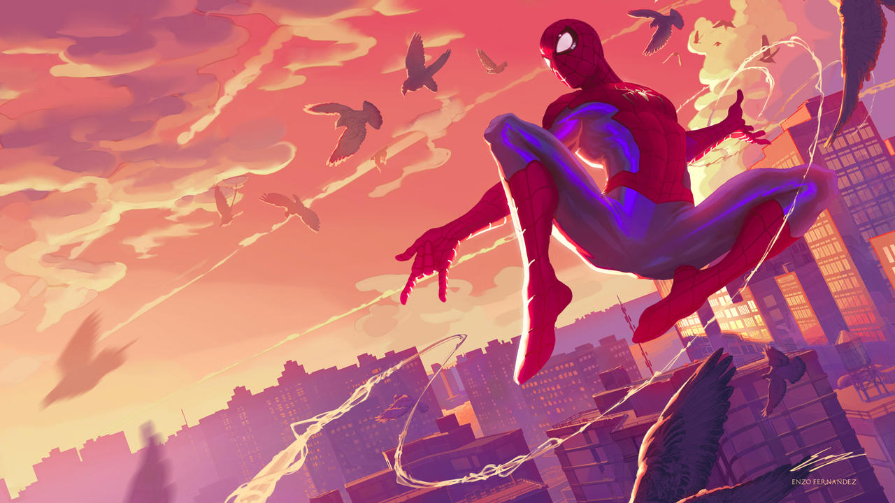 Spider-Man swinging over a skyline during sunset by PkBlitz on DeviantArt