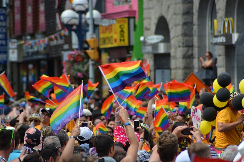 A crowd of people holding pride flags.